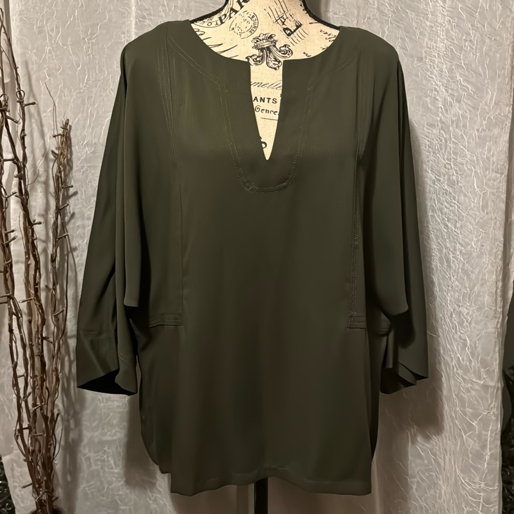 Trina Turk “Out of Office” dolman sleeve, split neck shirt